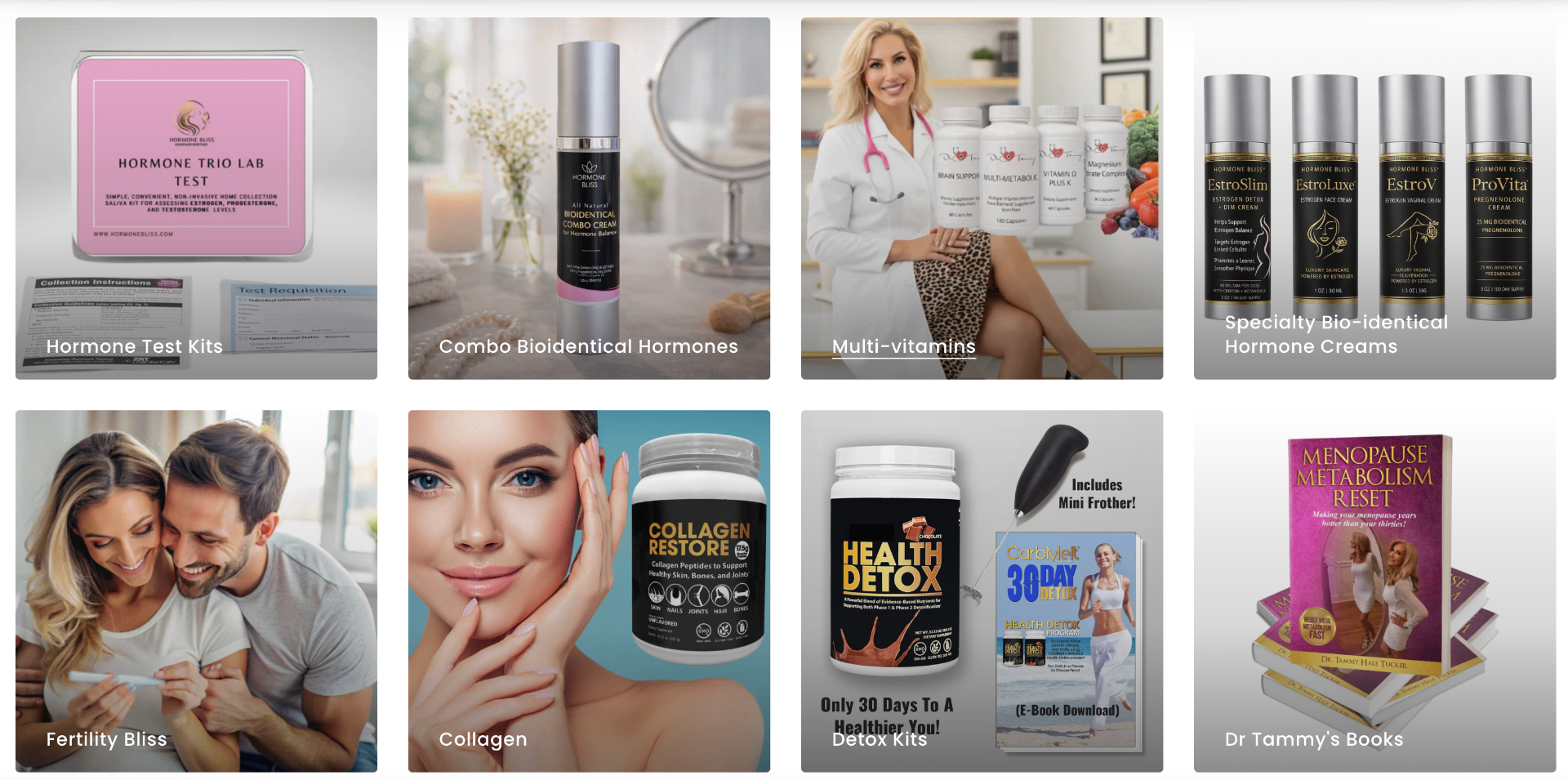 HormoneBliss product collections — Hormone Test Kits, Bioidentical Creams, Multi-vitamins, Collagen, Detox Kits and more